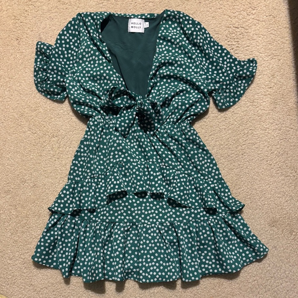Hello Molly Green Polka Dot Tie-Front Ruffle Mini Dress